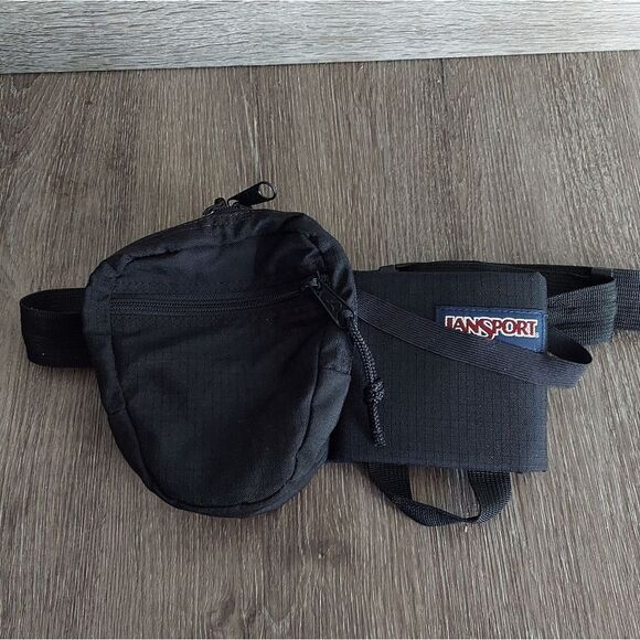 VTG 90s JanSport US Made Black Retro Hike Bottle Holder Zip Fanny Pack Waist Bag - Picture 1 of 5